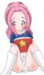 Rule 34 | 00s, 1girl, artist request, blush, boots, breasts, brown eyes, digimon, digimon adventure 02, embarrassed, long hair, looking at viewer, panties, pink hair, print shirt, shirt, shoes, short sleeves, sitting, skirt, small breasts, spread legs, star (symbol), star print, tachikawa mimi, underwear, white background, white footwear, white panties, white skirt