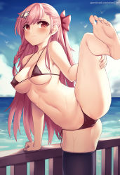 Rule 34 | 1girl, areola slip, bikini, blush, breasts, covered erect nipples, feet, girls&#039; frontline, large breasts, leg up, long hair, medium breasts, micro bikini, negev (girls&#039; frontline), ocean, pink hair, red eyes, soles, solo, spread legs, swimsuit, thighhighs, toes, zen33n