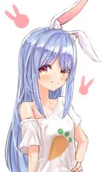 Rule 34 | 1girl, absurdres, alternate costume, alternate hairstyle, animal ear fluff, animal ears, blue hair, blush, breasts, carrot print, closed mouth, collarbone, commentary request, food print, hand on own hip, highres, hololive, long hair, looking at viewer, multicolored hair, off-shoulder shirt, off shoulder, orange eyes, rabbit-shaped pupils, rabbit background, rabbit ears, rabbit girl, shirt, sidelocks, simple background, small breasts, smile, solo, streaked hair, symbol-shaped pupils, upper body, usada pekora, very long hair, virtual youtuber, white background, white shirt, yu hydra