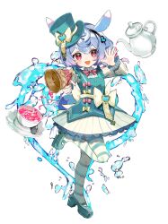 Rule 34 | 1girl, :d, alternate costume, animal ears, aqua dress, aqua footwear, aqua hat, artist name, black hairband, blue hair, blush, bow, bowtie, buttons, commentary, cup, dress, floating hair, frilled shirt collar, frills, genshin impact, gradient hair, gun, hair between eyes, hairband, hand up, handgun, hat, hat bow, heart, heart hairband, highres, holding, holding gun, holding weapon, lace, lace-trimmed dress, lace trim, leg up, long sleeves, looking at viewer, low twintails, medium hair, multicolored hair, new (new gnsn), open mouth, pantyhose, pinafore dress, purple hair, red bow, red bowtie, red eyes, saucer, shoes, sidelocks, sigewinne (genshin impact), simple background, sleeveless, sleeveless dress, smile, solo, spoon, striped clothes, striped dress, striped pantyhose, symbol-only commentary, tail, teacup, teapot, teaspoon, tilted headwear, top hat, twintails, vertical-striped clothes, vertical-striped dress, water, water drop, weapon, white background, white bow, white dress, white pantyhose, yellow bow