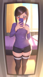 Rule 34 | 1girl, absurdres, bags under eyes, bed, black choker, black hair, black shorts, blush, cellphone, choker, contrapposto, curtains, female pov, fisheye, hair ornament, hairclip, hand on own chest, highres, holding, holding phone, indoors, lens flare, long sleeves, looking at viewer, mirror, nail polish, nose blush, novenine, original, phone, pov, purple eyes, purple nails, purple shirt, reflection, renko (renkonv), sanpaku, selfie, shirt, short hair, short hair with long locks, short shorts, shorts, skindentation, smartphone, solo, standing, swept bangs, taking picture, thighhighs, thighs, wide hips, window, wooden floor, yes-no pillow