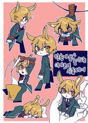 Rule 34 | 1boy, animal ears, black coat, black pants, blonde hair, blush, closed mouth, coat, collared shirt, food, highres, korean text, limbus company, long sleeves, looking at viewer, mini person, miniboy, mochi, mochitsuki, multiple views, necktie, pants, pink background, pmchell 04, project moon, rabbit ears, rabbit tail, red necktie, shirt, simple background, sinclair (project moon), tail, translation request, white shirt, yellow eyes
