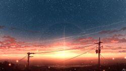 Rule 34 | chinese commentary, cloud, commentary, highres, lens flare, light particles, no humans, original, outdoors, power lines, rune xiao, scenery, signature, sky, star (sky), starry sky, still life, utility pole