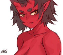 Rule 34 | 1girl, breasts, brown hair, cleavage, collarbone, colored skin, fang, fang out, horns, kidouko (zakusi), large breasts, looking at viewer, oni, oni horns, original, pointy ears, red oni, red skin, short hair, signature, simple background, slit pupils, solo, upper body, white background, yellow eyes, zakusi