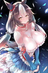 Rule 34 | 1girl, animal ears, bare shoulders, black background, blue sleeves, breasts, brown hair, cleavage, closed mouth, collarbone, commentary request, detached sleeves, highres, horse ears, horse girl, horse tail, large breasts, long hair, looking at viewer, low twintails, sdwing, smile, solo, tail, twintails, umamusume, yamanin zephyr (umamusume), yellow eyes