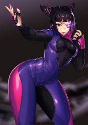 Rule 34 | 1girl, :p, black hair, blunt bangs, bodysuit, breasts, contrapposto, eyepatch, fighting stance, fingerless gloves, fingernails, glint, gloves, glowing, han juri, hands up, highres, kagematsuri, looking at viewer, medium breasts, nail polish, one eye covered, purple eyes, purple nails, smile, solo, street fighter, street fighter v, tongue, tongue out