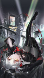 Rule 34 | 1girl, ambience synesthesia, arknights, asymmetrical gloves, black dress, black footwear, black gloves, boots, breasts, cat, city, cityscape, cleavage, commentary request, demon girl, demon horns, demon tail, diamond ring, dress, elbow gloves, finger to mouth, full body, gloves, grey hair, grey pantyhose, high heels, highres, holding, holding mask, horns, latex, latex boots, leg up, liu liaoliao, looking at viewer, mask, medium breasts, night, night sky, on roof, orange eyes, pantyhose, parted lips, railing, red dress, red horns, searchlight, short hair, shushing, signature, single elbow glove, single glove, sky, smile, solo, tail, thigh boots, torn clothes, torn pantyhose, two-sided dress, two-sided fabric, unworn mask, upside-down, w (arknights), w (wanted) (arknights)
