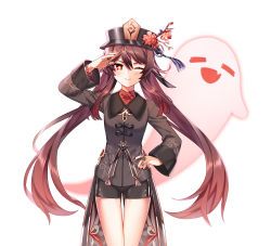 Rule 34 | 1girl, absurdres, black hat, black nails, black shorts, blush, breasts, brooch, brown hair, coat, coattails, collared coat, collared shirt, colored tips, commentary request, flower, flower-shaped pupils, genshin impact, ghost, hair between eyes, hand on own hip, hat, hat flower, hat ornament, high heels, highres, hu tao (genshin impact), hwaen, jewelry, long hair, long sleeves, looking at viewer, multicolored hair, nail polish, open mouth, plum blossoms, ponytail, porkpie hat, red eyes, red shirt, ring, shirt, shoes, shorts, smile, socks, solo, staff of homa (genshin impact), symbol-shaped pupils, talisman, tassel, twintails, very long hair, vision (genshin impact), white socks
