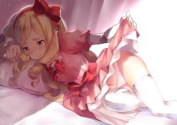 Rule 34 | 10s, 1girl, bad anatomy, bad perspective, bed sheet, blonde hair, blush, bow, bowtie, brooch, clothes lift, commentary request, curtains, dress, dress lift, drill hair, embarrassed, eromanga sensei, gem, hair bow, hairband, jewelry, layered sleeves, long hair, long sleeves, looking away, looking to the side, navel, on bed, panties, pillow, pink dress, puffy short sleeves, puffy sleeves, red bow, red bowtie, red eyes, red hairband, rin2008, short over long sleeves, short sleeves, simple background, solo, stomach, thighhighs, underwear, very long hair, white background, white panties, white thighhighs, yamada elf