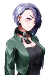 Rule 34 | 1girl, absurdres, asymmetrical bangs, blue hair, breasts, choker, cleavage, closed mouth, collarbone, fire emblem, fire emblem: three houses, green jacket, highres, jacket, large breasts, nintendo, open clothes, open jacket, purple eyes, remirii, shamir nevrand, short hair, solo, standing, white background