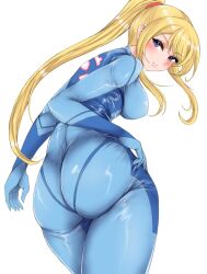 Rule 34 | 1girl, ass, back, blonde hair, blue bodysuit, blue eyes, blush, bodysuit, breasts, high ponytail, highres, large breasts, long hair, looking at viewer, looking back, metroid, mole, mole under mouth, nintendo, ponytail, ryou (619-619), samus aran, sidelocks, solo, thighs, zero suit