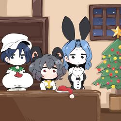 Rule 34 | 3girls, animal ears, ascot, black choker, black eyes, black hair, black leotard, blank stare, blue hair, blush, breasts, capelet, choker, christmas ornaments, christmas tree, cleavage, closed mouth, colored skin, commentary request, cookie (touhou), counter, dot mouth, fake animal ears, flour (cookie), gram 9, grey hair, hat, indoors, kumoi ichirin, large breasts, leotard, long sleeves, looking at viewer, milk (cookie), mouse ears, mouse girl, multiple girls, murasa minamitsu, nazrin, nyon (cookie), parted bangs, playboy bunny, rabbit ears, red ascot, red eyes, santa hat, shirt, short hair, standing, star (symbol), touhou, tuxedo leotard, upper body, white capelet, white headwear, white shirt, white skin, wide-eyed