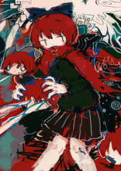 Rule 34 | 1girl, abstract, abstract background, black skirt, bow, capelet, disembodied head, eye beam, feet out of frame, floating head, hair bow, hito (nito563), holding head, long sleeves, multiple heads, pleated skirt, red capelet, red hair, sekibanki, short hair, skirt, smile, solo, touhou