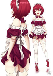 Rule 34 | 1girl, android, ankle boots, ass, bl/ess, boots, clothes lift, dorothy haze, frills, garter straps, joints, lifted by self, looking at viewer, looking to the side, maid, maid headdress, multiple views, open mouth, red eyes, red hair, red skirt, robot joints, short hair, skirt, skirt lift, thighhighs, twitter username, va-11 hall-a, white thighhighs