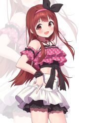 Rule 34 | 1girl, :d, bare shoulders, black ribbon, black shorts, blush, brown hair, chobi (penguin paradise), collarbone, crop top, earrings, hair ribbon, hairband, heart, heart necklace, highres, idolmaster, idolmaster million live!, jewelry, looking at viewer, midriff, necklace, open mouth, pink hairband, polka dot, red eyes, ribbon, short shorts, shorts, shorts under skirt, skirt, smile, solo, tanaka kotoha, white skirt, wrist cuffs, zoom layer