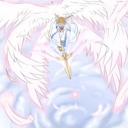 Rule 34 | 00s, 1girl, dress, feathered wings, feathers, flying, full body, long sleeves, lyrical nanoha, magical girl, mahou shoujo lyrical nanoha, mahou shoujo lyrical nanoha strikers, multiple wings, silver hair, solo, takamachi nanoha, twintails, underwear, white dress, white wings, wings