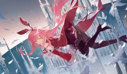 Rule 34 | 1girl, absurdres, amari, animal, arcaea, bird, boots, castle, character request, detached sleeves, dove, from side, green eyes, highres, horizon, huge filesize, long hair, looking at viewer, midair, pantyhose, pink hair, red skirt, red sleeves, scenery, shoe soles, skirt, smile, solo, thigh boots, thighhighs