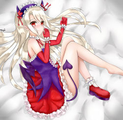 Rule 34 | 1girl, albino, artist request, bad id, bad pixiv id, demon girl, demon tail, demon wings, fate/grand order, fate (series), highres, horns, illyasviel von einzbern, illyasviel von einzbern (halloween petite devil), shoes, single shoe, solo, tail, tapi (tapiest), wings