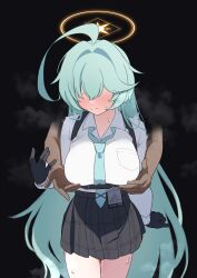 Rule 34 | 1girl, 1other, ahoge, black background, black gloves, black skirt, blue archive, blue necktie, blush, breasts, closed mouth, collared shirt, cowboy shot, gloves, green hair, halo, heart, highres, hizikata398, large breasts, long hair, long sleeves, necktie, nipple stimulation, pleated skirt, shirt, simple background, skirt, solo focus, sweat, white shirt, yellow halo, yume (blue archive)