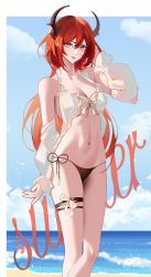 Rule 34 | 1girl, absurdres, arknights, bikini, commission, highres, side-tie bikini bottom, solo, surtr (arknights), surtr (colorful wonderland) (arknights), swimsuit, thigh strap, thighs, yiran