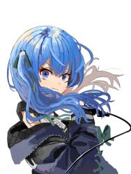 Rule 34 | 1girl, absurdres, blue eyes, blue hair, blue jacket, cable, eyebrows hidden by hair, floating hair, from side, highres, holding, holding microphone, hololive, hoshimachi suisei, hoshimachi suisei (streetwear), jaaku taro, jacket, leaning back, looking at viewer, microphone, off shoulder, side ponytail, smirk, solo, v-shaped eyebrows, virtual youtuber, white background