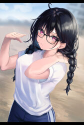 Rule 34 | 1girl, absurdres, black-framed eyewear, black hair, blurry, blurry background, blush, braid, breasts, closed mouth, day, depth of field, fanning face, glasses, gym uniform, hand in own hair, hand up, highres, large breasts, long hair, looking at viewer, motion lines, original, outdoors, purple eyes, revision, shirt, short sleeves, solo, sweat, twin braids, white shirt, yufou
