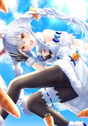 Rule 34 | 1girl, animal ear fluff, animal ears, ankle boots, armpit peek, bad id, bad pixiv id, bare shoulders, black bra, black pantyhose, blue sky, boots, bra, braid, breasts, bridal garter, carrot, carrot hair ornament, cloud, commentary request, day, don-chan (usada pekora), dress, floating, food-themed hair ornament, fur-trimmed boots, fur-trimmed dress, fur trim, hair between eyes, hair ornament, hand on own forehead, head tilt, highres, hololive, hololive fantasy, leaning forward, looking at viewer, medium breasts, multicolored hair, nibosi, open mouth, orange eyes, outdoors, pantyhose, partial commentary, rabbit ears, rabbit girl, rabbit tail, short hair with long locks, sky, solo, strapless, strapless dress, tail, teeth, thick eyebrows, thighband pantyhose, twin braids, two-tone hair, underwear, upper teeth only, usada pekora, usada pekora (1st costume), virtual youtuber, w, white dress, white footwear