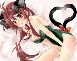 Rule 34 | 1girl, animal ears, bow, breasts, cat ears, cat girl, cat tail, cleavage, female focus, hair bow, heart, heart tail, kaenbyou rin, kittysuit, leotard, lingerie, long hair, multiple tails, nontraditional playboy bunny, red eyes, red hair, solo, tail, touhou, tsubaki haru, underwear