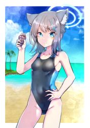 Rule 34 | 1girl, animal ear fluff, animal ears, beach, blue archive, blue eyes, blue sky, breasts, cloud, collarbone, commentary request, competition swimsuit, contrapposto, cowboy shot, cross hair ornament, day, extra ears, gluteal fold, grey hair, hair ornament, halo, hand on own hip, highres, lotion, medium hair, mengnaidu, mismatched pupils, one-piece swimsuit, outdoors, palm tree, shiroko (blue archive), shiroko (swimsuit) (blue archive), sky, small breasts, solo, sunscreen, swimsuit, tree