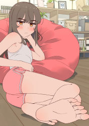 Rule 34 | 1girl, ass, barefoot, bean bag chair, brown eyes, crotch seam, feet, female focus, foreshortening, highres, indoors, lying, nakta, on ground, on side, original, plant, potted plant, short shorts, shorts, sleeveless, soles, solo, toes, twitter username