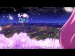 Rule 34 | 2girls, anime coloring, blurry, cato (monocatienus), cherry blossoms, cloud, commentary, depth of field, dress, flying, green dress, grey hair, hairband, konpaku youmu, landscape, letterboxed, multiple girls, night, night sky, outstretched arm, pink hair, saigyouji yuyuko, sheath, short hair, sky, ten desires, touhou