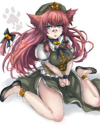 Rule 34 | 1girl, animal ears, ankle cuffs, bandaid, bandaid on face, bandaid on nose, bdsm, blue eyes, bondage, bound, bound wrists, bow, braid, breasts, cat ears, cat girl, cat tail, female focus, hair bow, hat, hong meiling, kemonomimi mode, long hair, medium breasts, open mouth, panzer (p.z), red hair, sitting, solo, star (symbol), tail, touhou, twin braids, wariza