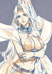 Rule 34 | 1girl, breasts, cleavage, closed mouth, dress, earrings, gensou suikoden, gensou suikoden v, high ponytail, jeane (suikoden), jewelry, large breasts, long hair, looking at viewer, mikisato, monochrome, navel, ponytail, revealing clothes, simple background, smile, solo
