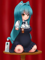 Rule 34 | 1girl, amputee, animal ears, blue hair, blush, bow, brown eyes, cat ears, cat tail, dress, highres, long hair, looking at viewer, mikey sukairain, quadruple amputee, ribbon, sitting, solo, table, tail, very long hair