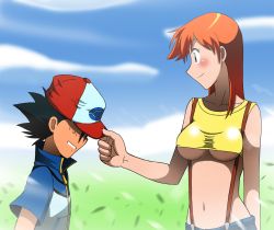 Rule 34 | 1boy, 1girl, age difference, aged up, alternate color, alternate hair length, alternate hairstyle, ash ketchum, bare shoulders, baseball cap, black hair, blue eyes, blue sky, blush, breasts, child, cloud, cloudy sky, collarbone, commentary, creatures (company), crop top, denim, denim shorts, from side, game freak, grass, grin, hat, height difference, highres, jacket, long hair, midriff, misty (pokemon), navel, nintendo, no bra, orange hair, outdoors, pokemon, pokemon (anime), profile, revealing clothes, shaded face, shiny clothes, shirt, short hair, short sleeves, shorts, size difference, sky, sleeveless, sleeveless shirt, smile, suspenders, takaya n, tank top, teeth, underboob, upper body, yellow shirt, zipper