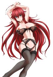 Rule 34 | 1girl, aqua eyes, arms up, artist request, bra, breasts, covered erect nipples, female focus, high school dxd, highres, lingerie, long hair, navel, nipples, panties, red hair, rias gremory, simple background, source request, thighhighs, underwear, very long hair, white background
