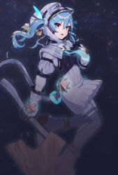 Rule 34 | 1girl, alternate costume, asymmetrical hair, axe, blood, bloody weapon, blue eyes, blue hair, blue necktie, breasts, commentary, floating, full body, glowing, hair between eyes, hand on own chest, helmet, highres, holding, holding axe, hololive, hoshimachi suisei, light blue hair, looking at viewer, medium hair, necktie, open mouth, oshiruko (oshiruco 212048), side ponytail, sky, small breasts, smile, solo, space, space helmet, spacesuit, star (sky), star (symbol), star in eye, starry sky, symbol in eye, virtual youtuber, weapon