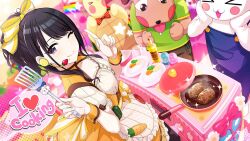 Rule 34 | 1girl, 3others, animal costume, apron, black hair, bow, breasts, brown bow, carrot, cleavage cutout, clothing cutout, collarbone, cooking oil, dog costume, dress, dutch angle, english text, food, foreground text, frilled apron, frilled dress, frilled sleeves, frills, frying pan, game cg, hair bow, halftone, halftone background, hamburger steak, heart, holding, holding spatula, idolmaster, idolmaster shiny colors, index finger raised, kazano hiori, long hair, looking at viewer, measuring cup, mole, mole under eye, multiple others, official art, one eye closed, orange dress, plate, ponytail, puffy short sleeves, puffy sleeves, purple eyes, salt shaker, short sleeves, small breasts, smile, sparkle, spatula, standing, star (symbol), turtle costume, vegetable, white apron, white sleeves, yellow bow