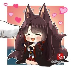 Rule 34 | 1boy, 1girl, :3, :d, ^ ^, akagi (azur lane), animal ears, azur lane, black gloves, blunt bangs, breasts, chibi, cleavage, closed eyes, commander (azur lane), commentary request, fingerless gloves, fox ears, fox girl, fox tail, gloves, hair tubes, heart, japanese clothes, kitsune, kyuubi, long hair, looking at viewer, mini person, minigirl, multiple tails, open mouth, out of frame, pleated skirt, pov, red skirt, seiza, sidelocks, signature, simple background, sitting, size difference, skirt, smile, tail, taisa (kari), twitter username, white gloves, wide sleeves