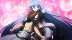 Rule 34 | 10s, 1boy, 1girl, akame ga kill!, blue hair, breast smother, breasts, brown hair, colored eyelashes, esdeath, closed eyes, face to breasts, happy, hat, hetero, hug, large breasts, long hair, long sleeves, night, pleated skirt, screencap, skirt, smile, standing, tatsumi (akame ga kill!), tattoo