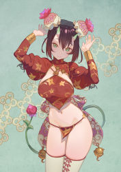 Rule 34 | 1girl, arms up, breasts, bun cover, closed mouth, cowboy shot, crop top, demon girl, double bun, floral print, flower, gold trim, green eyes, groin, hair between eyes, hair bun, hair ornament, hands up, highres, horns, juliet sleeves, large breasts, loincloth, long sleeves, looking at viewer, lotus, medium hair, navel, oni, oni horns, original, pelvic curtain, pointy ears, puffy sleeves, revealing clothes, shrug (clothing), sidelocks, smile, solo, spaghetti strap, standing, stomach, thighhighs, thighs, timbougami, white thighhighs