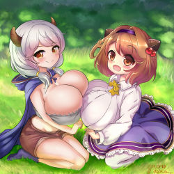 Rule 34 | 2girls, :d, absurdres, axxl dtncy, blue cape, blue footwear, blue hairband, blush, breast press, breasts, brown eyes, brown hair, brown shorts, bursting breasts, camieux, cape, cleavage, closed mouth, collaboration, collared shirt, draph, frilled skirt, frills, granblue fantasy, grass, hair bobbles, hair ornament, hairband, highres, hood, hooded cape, horns, huge breasts, leaning forward, long sleeves, looking at viewer, low twintails, medium hair, midriff, multiple girls, open mouth, oppai loli, outdoors, pantyhose, pldf, purple skirt, ribbed shirt, seiza, shirt, shorts, signature, silver hair, sitting, skirt, smile, socks, strapless, symmetrical docking, thighs, tube top, twintails, white hair, white pantyhose, white shirt, wooden floor, yaia (granblue fantasy), yellow eyes
