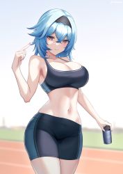 Rule 34 | 1girl, absurdres, alternate costume, bare shoulders, bike shorts, black hairband, blue hair, breasts, can, cleavage, closed mouth, collarbone, crossed bangs, drink, eula (genshin impact), genshin impact, gradient eyes, hair between eyes, hairband, hand up, highres, holding, holding can, holding drink, index finger raised, large breasts, looking at viewer, medium hair, midriff, multicolored eyes, navel, outdoors, purple eyes, running track, shinalpha, smile, solo, sports bra, stomach, sweat, thighs, wide hips