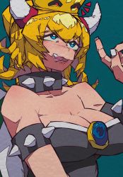 Rule 34 | 1girl, absurdres, aqua background, armlet, black dress, blonde hair, blue eyes, bowsette, breasts, cleavage, collar, collarbone, dress, gem, hair between eyes, highres, horns, large breasts, looking up, mario (series), new super mario bros. u deluxe, nintendo, open mouth, solo, spiked armlet, spiked collar, spiked shell, spikes, strapless, strapless dress, turtle shell, upper body, yaya hiyayaka
