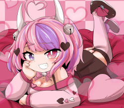 Rule 34 | 1girl, bell, black footwear, black skirt, bow choker, breasts, choker, cleavage, demon girl, demon horns, hair bell, hair ornament, heart, heart hair ornament, heterochromia, highres, horns, ironmouse, ironmouse (1st costume), jingle bell, large breasts, long hair, lying, on stomach, pink eyes, pink shirt, pink thighhighs, purple choker, purple eyes, purple thighhighs, shirt, shoes, skirt, smile, solo, suzushun0425, thighhighs, twintails, virtual youtuber, vshojo
