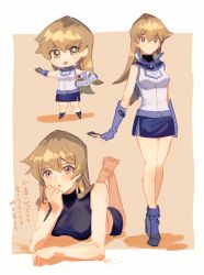 Rule 34 | 1girl, aoki (fumomo), barefoot, black shorts, blue gloves, blue skirt, breasts, brown background, brown eyes, brown hair, card, chibi, closed mouth, crop top, duel academy uniform (yu-gi-oh! gx), elbow gloves, fingerless gloves, floating hair, gloves, hair between eyes, holding, holding card, long hair, looking at viewer, lying, medium breasts, miniskirt, on stomach, shirt, short shorts, shorts, skirt, sleeveless, sleeveless shirt, smile, soles, straight hair, tenjouin asuka, the pose, two-tone background, variations, very long hair, white background, white shirt, yu-gi-oh!, yu-gi-oh! gx