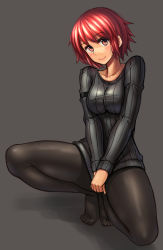 Rule 34 | 1girl, ayakumo, black pantyhose, clothes tug, collarbone, covering privates, covering crotch, highres, horikawa raiko, long sleeves, looking at viewer, pantyhose, red eyes, red hair, ribbed sweater, smile, solo, spread legs, squatting, sweater, sweater tug, touhou, v arms