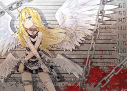 Rule 34 | 10s, 1girl, angel wings, bandage over one eye, bandaged arm, bandages, bdsm, blonde hair, blood, blood splatter, blue eyes, bondage, bound, chain, child, collar, contrapposto, crack, cracked wall, crossed arms, cuffs, english text, finger on trigger, ginklaga, gun, handgun, head tilt, knife, looking at viewer, m1911, multiple wings, prison clothes, rachel gardner, restrained, satsuriku no tenshi, shackles, shorts, slave, tank top, weapon, wings