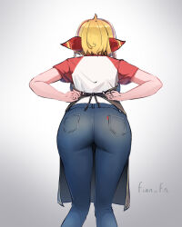 Rule 34 | 1girl, alternate costume, apron, ass, black apron, blonde hair, casual, denim, facing away, fian f.n, from behind, head scarf, highres, hololive, hololive indonesia, jeans, kaela kovalskia, leaning forward, pants, raglan sleeves, shirt, short hair, short sleeves, simple background, solo, t-shirt, twitter username, tying apron, virtual youtuber