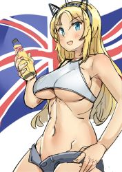 Rule 34 | 1girl, absurdres, alternate costume, bad id, bad twitter id, blonde hair, blue eyes, bottle, breasts, commentary request, cowboy shot, flag, hairband, hand on own hip, headgear, highres, kantai collection, large breasts, long hair, looking at viewer, nelson (kancolle), open fly, osananajimi neko, short shorts, shorts, solo, tank top, underboob, unfinished, union jack